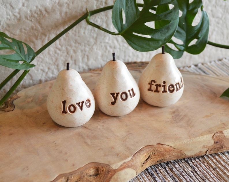 Gifts for friends / white love you friend pears / Three handcrafted embossed text decorative clay pears ... fun way to say I love you image 8