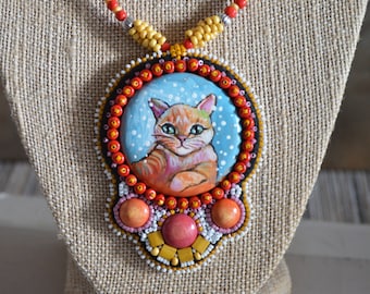 Ginger Tabby Cat Pendant / Orange cat necklace jewelry / Hand painted art piece animal painting bead embroidery / Maximalist statement piece
