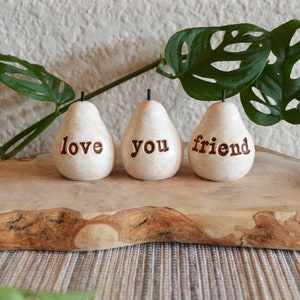 Gifts for friends / white love you friend pears / Three handcrafted embossed text decorative clay pears ... fun way to say I love you image 6