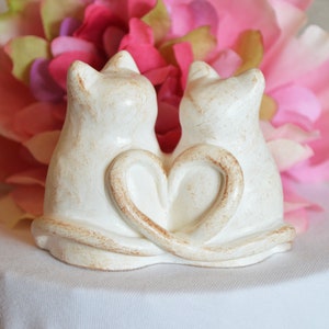 Cats wedding cake topper cute anniversary sweetheart gift / rustic look white kitties with heart shaped tails / Custom initials available image 4