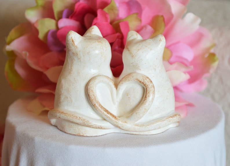 Cats wedding cake topper cute anniversary sweetheart gift / rustic look white kitties with heart shaped tails / Custom initials available image 4