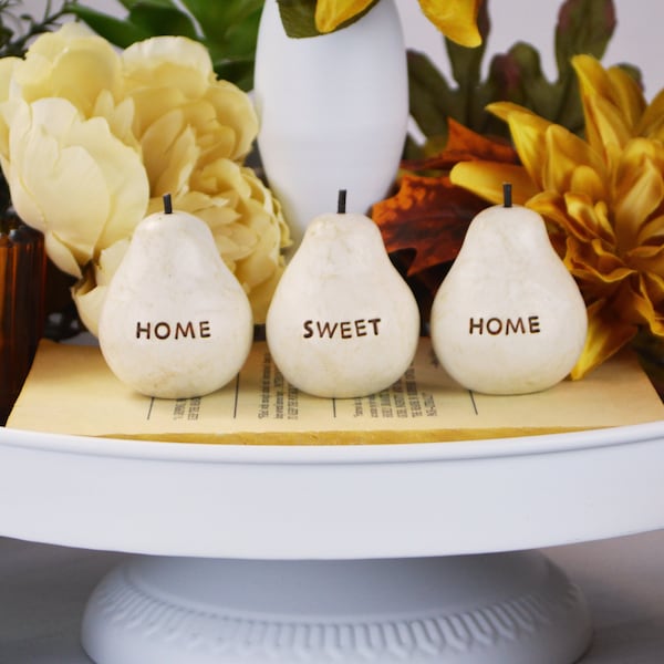 home sweet home pears / Three handmade decorative inspirational message clay pears / vintage white, Birthday Mom Grandma best friend gift