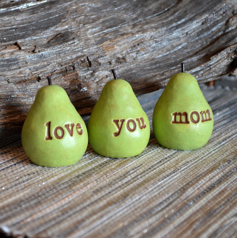 Gift for mom / Mother's day gift for mothers / Gift from daughter, son, child, children / 3 green love you mom pears / farmhouse table decor image 2