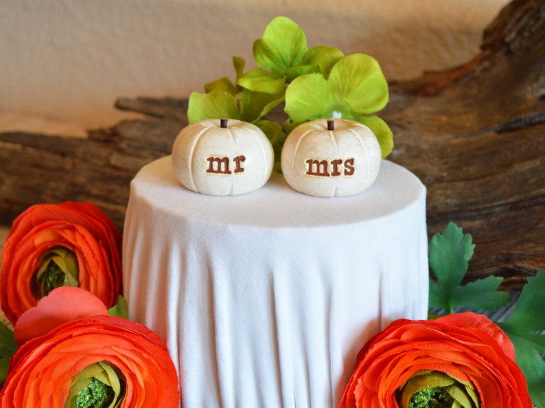 Wedding cake topper...vintage white mr mrs pumpkins...fall and autumn decor / pumpkins for fall weddings / cake table decor image 6