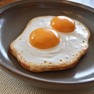May include: A ceramic plate holds a fried egg with two bright orange yolks and a white egg white. The egg has a slightly browned edge, and the plate is a muted brown color.