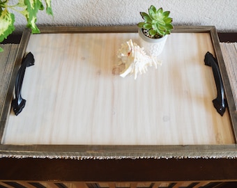 Rustic distressed farmhouse tray with handles kitchen party centerpiece for candles, plants / shabby chic vintage ottoman serving tray