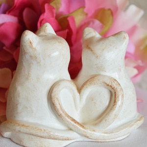 Cats wedding cake topper cute anniversary sweetheart gift / rustic look white kitties with heart shaped tails / Custom initials available image 8