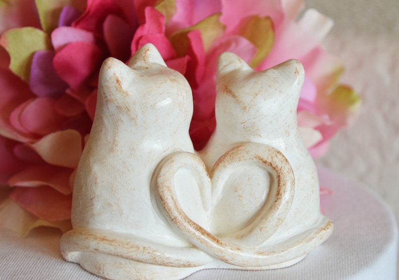 Cats wedding cake topper cute anniversary sweetheart gift / rustic look white kitties with heart shaped tails / Custom initials available image 8