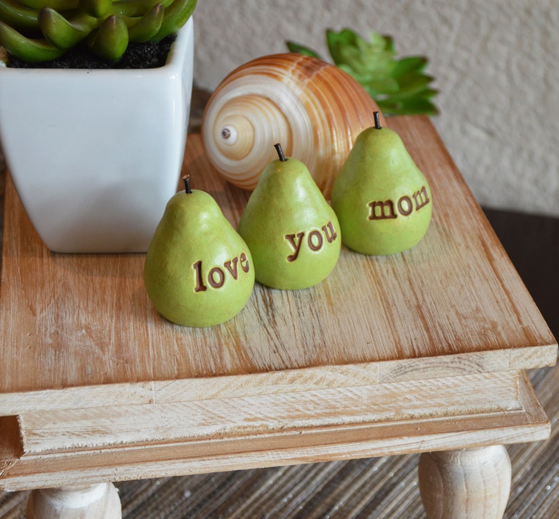 Gift for mom / Mother's day gift for mothers / Gift from daughter, son, child, children / 3 green love you mom pears / farmhouse table decor image 4