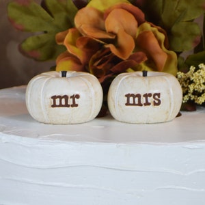 Wedding cake topper...vintage white mr mrs pumpkins...fall and autumn decor / pumpkins for fall weddings / cake table decor image 1