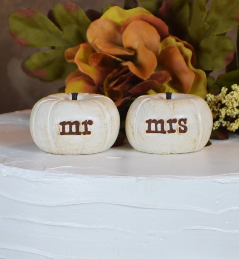 Wedding cake topper...vintage white mr mrs pumpkins...fall and autumn decor / pumpkins for fall weddings / cake table decor image 1