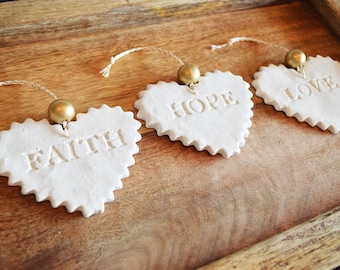 3 Heart shaped "Faith Hope Love" boho decor ornaments / Present package tie on tags / Hostess gifts / Bisque pure white hanging ornaments