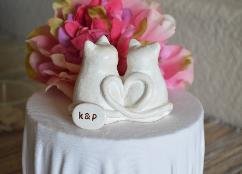 Cats wedding cake topper cute anniversary sweetheart gift / rustic look white kitties with heart shaped tails / Custom initials available image 9