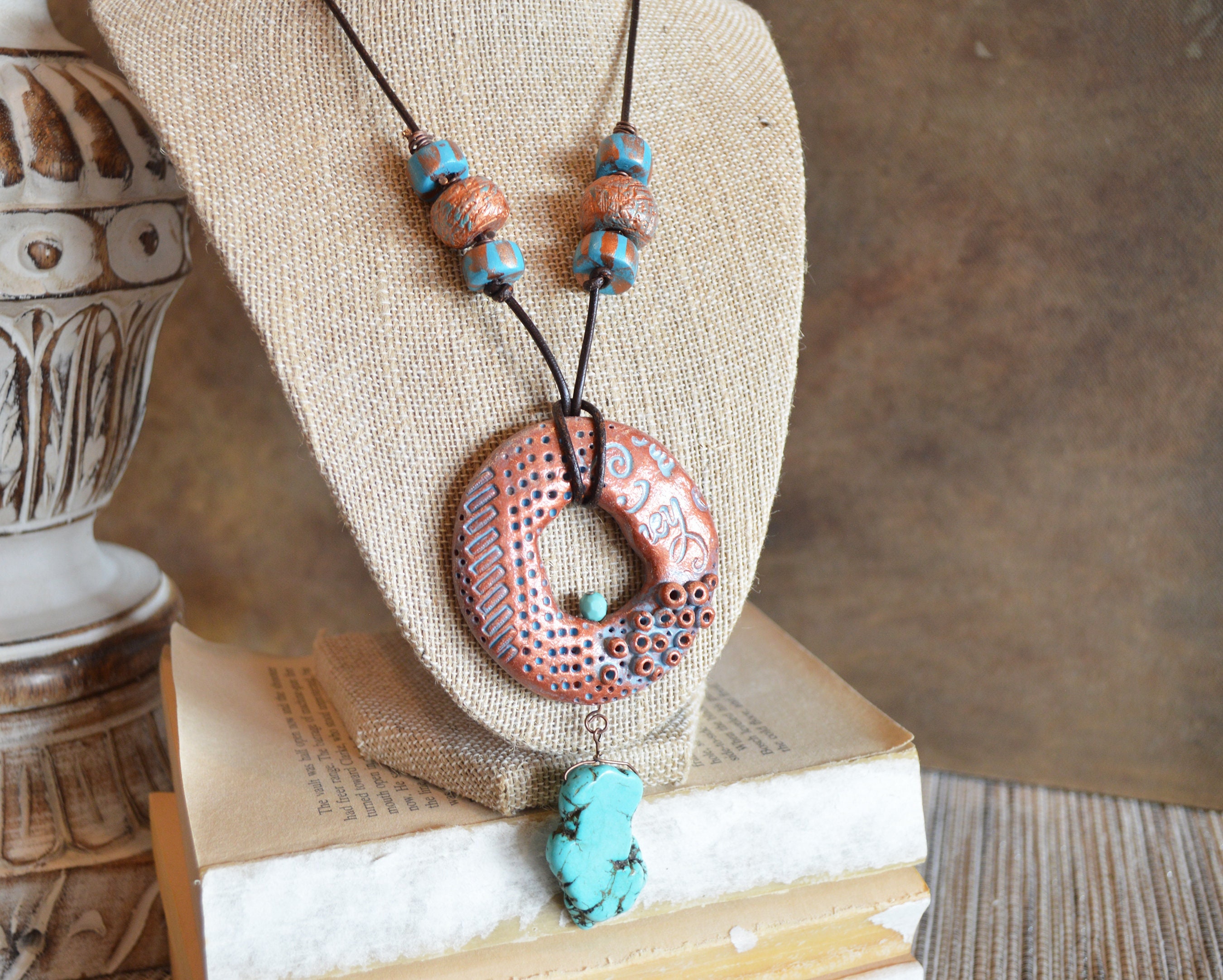 One of a kind statement necklace copper and turquoise polymer clay pendant / vintage feel, handmade beads / chunky organic distressed tribal