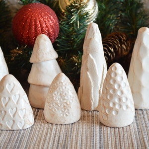 Set of 10 mini Christmas trees / terrarium desk bookshelf decor / gift for family friends / small abstract clay Xmas trees decoration image 5