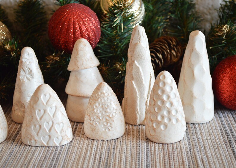 Set of 10 mini Christmas trees / terrarium desk bookshelf decor / gift for family friends / small abstract clay Xmas trees decoration image 5