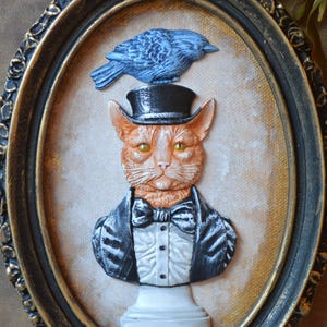 Custom Cat Pet Portrait Art Gothic Antique Victorian Relief Gentleman Cat in Top Hat Tuxedo Painted From your Photo Framed Ready to Gift
