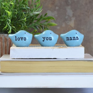 Gift for Grandma 3 blue love you nana Clay Blue Birds Rustic Shelf Kitchen Decor for the Home Mantle Vintage Cute Mini Sculpture Accent