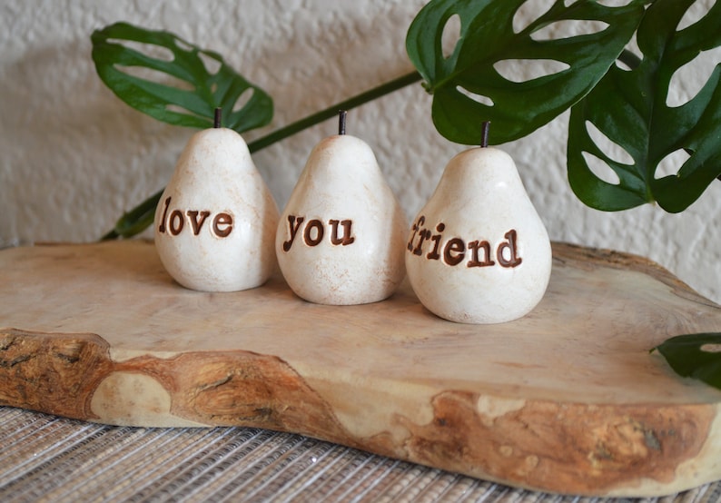 Gifts for friends / white love you friend pears / Three handcrafted embossed text decorative clay pears ... fun way to say I love you image 3