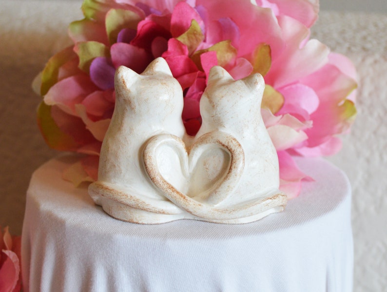 Cats wedding cake topper cute anniversary sweetheart gift / rustic look white kitties with heart shaped tails / Custom initials available image 6