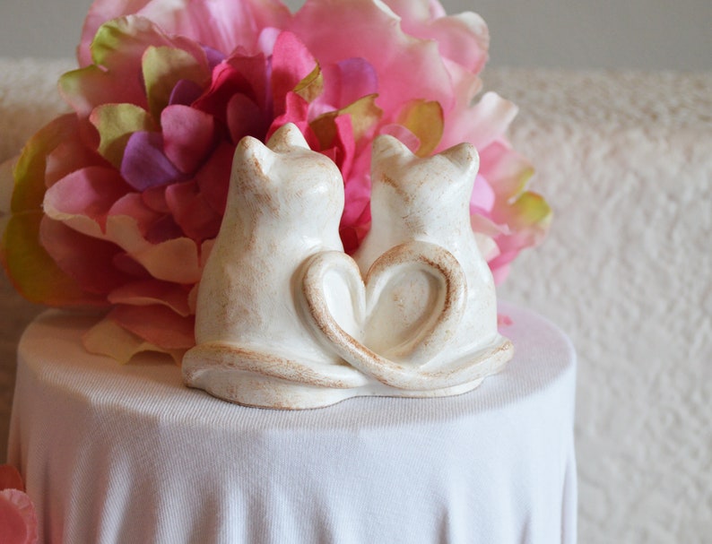 Cats wedding cake topper cute anniversary sweetheart gift / rustic look white kitties with heart shaped tails / Custom initials available image 5