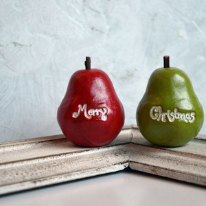 Set of 2 vintage style red and green Merry Christmas pears / tabletop or shelf Holiday decor / Hostess gift image 5