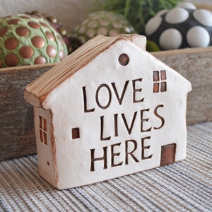 house with words / love lives here house / text on house / tabletop decor / bookshelf neighborhood / gift for family friends / fairy houses