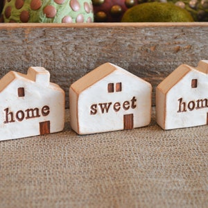 handmade tiny houses / home sweet home houses / text on 3 little clay houses / desk decor / bookshelf neighborhood / fairy faerie houses