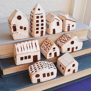 Small Clay Houses Tiny Fairy Elf Neighborhood Shelf Vintage Rustic Earthy White Decor Desk Bookshelf Sculpture Accent Mix n Match Gift