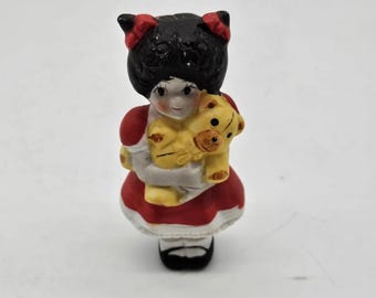 Vintage Hand Painted Bisque Girl Holding A Teddy Bear 3” Ornament (Cb2985)
