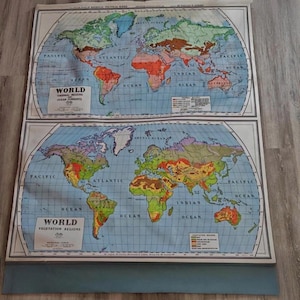 A.J. Nystrom and Co 60's Map Temperature & Vegetation World Map No.2 Pull Down 55"