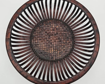 VTG Rattan Woven Basket Trim Slanted Wood Mid Century Modern Oval Hanging Art