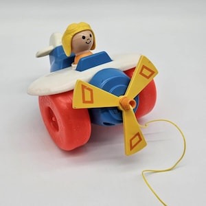 Vintage Fischer-Preis Little People 1980 Flugzeug Nachziehspielzeug Pilot Kleinkind Flugzeug