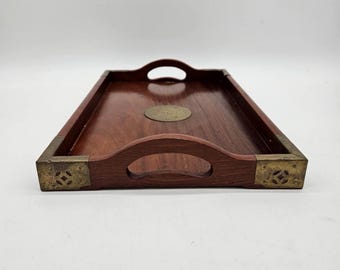 Vintage Asian Cherry Wood Serving Trays w/ Brass Medallion & Corners