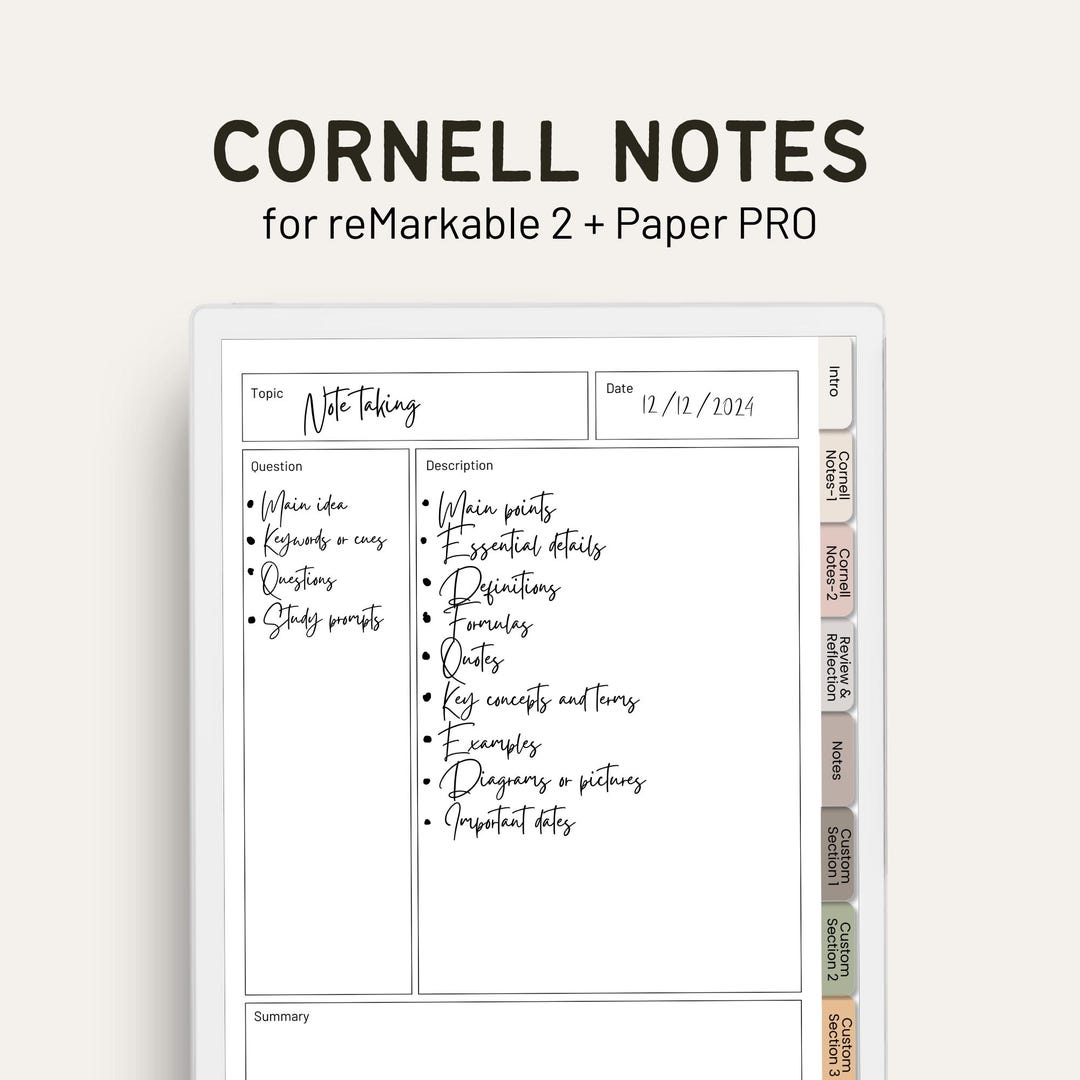 Cornell Notes for Remarkable 2 / Remarkable Paper Pro | Cornell ...