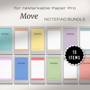 Peut inclure: Un ensemble de 15 blocs-notes numériques pour reMarkable Paper Pro, chacun avec une bordure de couleur différente et un design de bloc-notes. Les blocs-notes sont disposés en grille, avec le mot "NOTEPAD" visible sur chacun. Le texte "Move NOTEPAD BUNDLE" est en haut.
