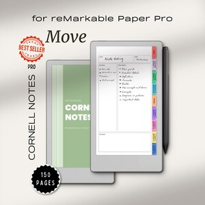 Könnte beinhalten: Ein digitales Notizbuch für reMarkable Paper Pro mit dem Text "Cornell Notes". Das Bild zeigt ein digitales Tablet mit einem Stift und ein Notizbuch mit 150 Seiten. Das Tablet zeigt eine Notizvorlage.