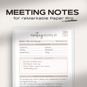 Può includere: Un modello di note di riunione stampabile per il tablet Remarkable Paper Pro. Il modello include sezioni per i partecipanti, i punti all'ordine del giorno e le note della riunione. Il testo dell'immagine dice "Meeting Notes for remarkable Paper Pro", "meeting NOTES 01", "Team meeting digi", "ATTENDEES", "INDEX 1/3", "Date: 25-12-124", "AGENDA POINTS", "Meeting November 2024", "Healthcare mobile app", "Process update project New website", "Teambuilding 2025", "MEETING NOTES", "The meeting was called to discuss the introduction of a New healthcare mobile app.", "The CEO introduced the app and highlighted its features, which include Remote consultations, appointment booking,"