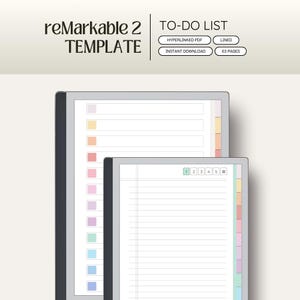 Puede incluir: Dos tabletas digitales con una plantilla de lista de tareas. La tableta más grande muestra el texto "reMarkable 2 TEMPLATE" y pestañas de colores. La tableta más pequeña muestra una página rayada con pestañas numeradas. El texto incluye "TO-DO LIST", "HYPERLINKED PDF", "INSTANT DOWNLOAD" y "63 PAGES".
