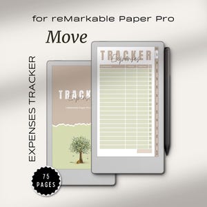 May include: Two digital tablets with expense tracker templates. One tablet displays a detailed expense tracker with columns for expenses, date, and amount. The other tablet shows a tree graphic. The text "EXPENSES TRACKER" and "75 PAGES" are also visible.