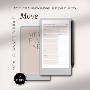 May include: A digital meal planner bundle for reMarkable Paper Pro. The image shows two tablets, one displaying a meal planner template and the other with the text "MEA PLA NE". A black stylus is visible. The bundle includes 2 items.