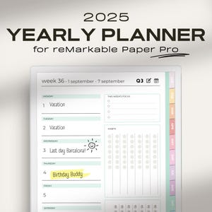 Digital Planner 2025 for Remarkable Paper Pro | Minimalist Yearly / Weekly Planner 2025 | Hyperlinked Colorful reMarkable Calendar