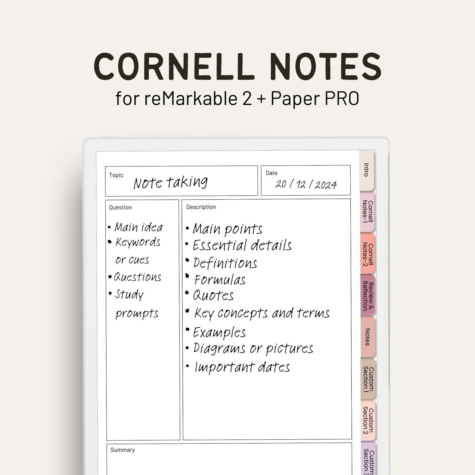 Cornell Notes for Remarkable 2 / Remarkable Paper Pro | Cornell ...