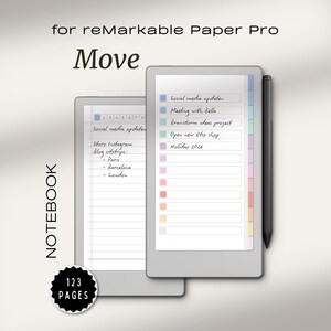 以下が含まれることがあります： 「for reMarkable Paper Pro」と「Move」の文字が入った2つのデジタルノート。1つは、色付きのタブと「Social media updaten」の文字が表示されています。もう1つは「NOTEBOOK」と「123 PAGES」の文字が入っています。右側には黒いスタイラスがあります。