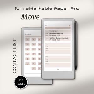 Peut inclure: Deux tablettes numériques affichant un modèle de liste de contacts. Le texte "CONTACT LIST" est à gauche. Le texte "for reMarkable Paper Pro" et "Move" sont en haut. Un stylet est à droite. Un badge indique "133 PAGES".