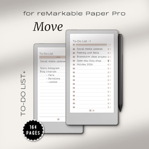 Pode incluir: Dois tablets digitais com listas de tarefas e uma caneta. Os ecrãs mostram tarefas como "Social media updaten" e "Holiday 2026". A imagem inclui o texto "for reMarkable Paper Pro" e "164 PAGES".