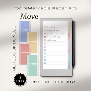 May include: A digital notebook bundle for reMarkable Paper Pro. The image shows a tablet with a stylus, four colourful notebooks, and a black circle with the text "4 ITEMS". The tablet displays a to-do list. The text "LINED - GRID - DOTTED - BLANK" is at the bottom.
