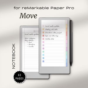 Op de afbeelding: Twee digitale tablets met handgeschreven notities en een stylus. De tekst op de tablets bevat "Social media updates", "Meeting with Bella" en "Open new Etsy shop". De afbeelding bevat ook de tekst "for reMarkable Paper Pro", "Move", "NOTEBOOK" en "63 PAGES".