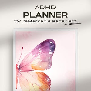 Può includere: ADHD Planner per reMarkable Paper Pro. L'immagine presenta un'agenda digitale con un design a farfalla ad acquerello nei toni del rosa, viola e arancione. Il testo "ADHD PLANNER" è visualizzato in alto.