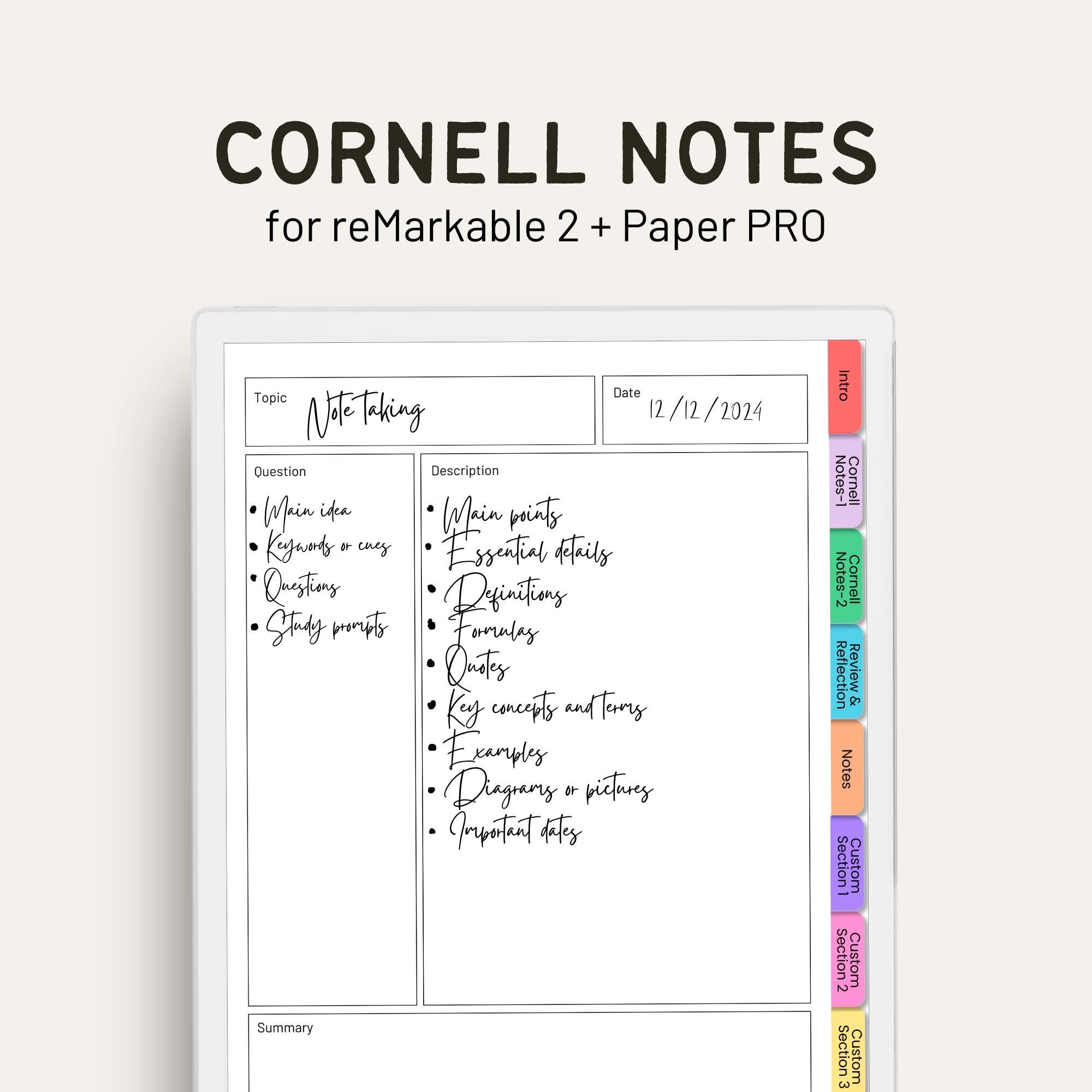 Cornell Notes for Remarkable 2 / Remarkable Paper Pro | Cornell ...